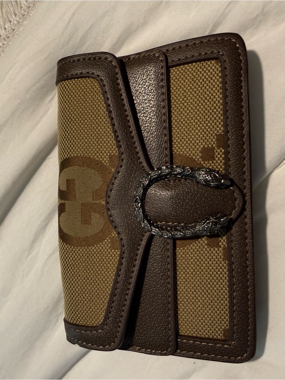 Brown Canvas & Leather Phone Wallet Case with Decorative Metal Clasp
